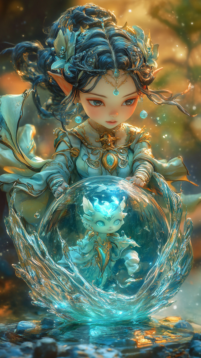 可爱精灵女孩手捧光球
