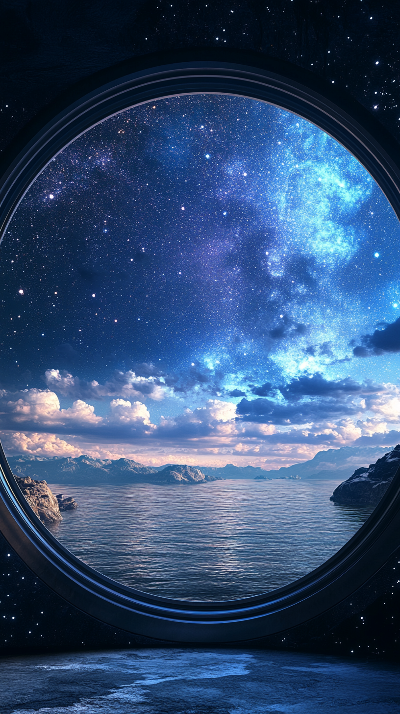 透过圆形舷窗赏星空海洋美景