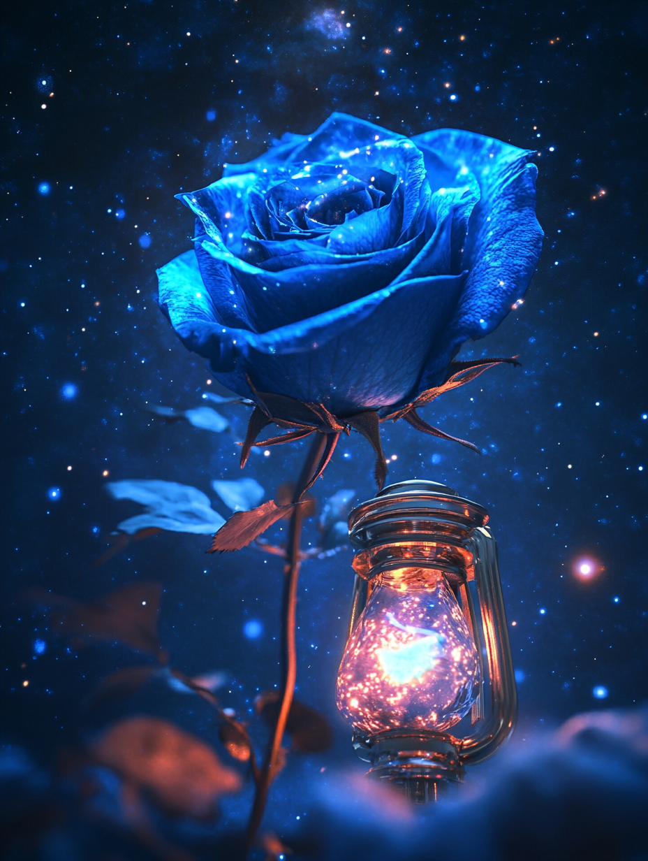 梦幻星空下的蓝玫瑰与发光灯笼唯美画面
