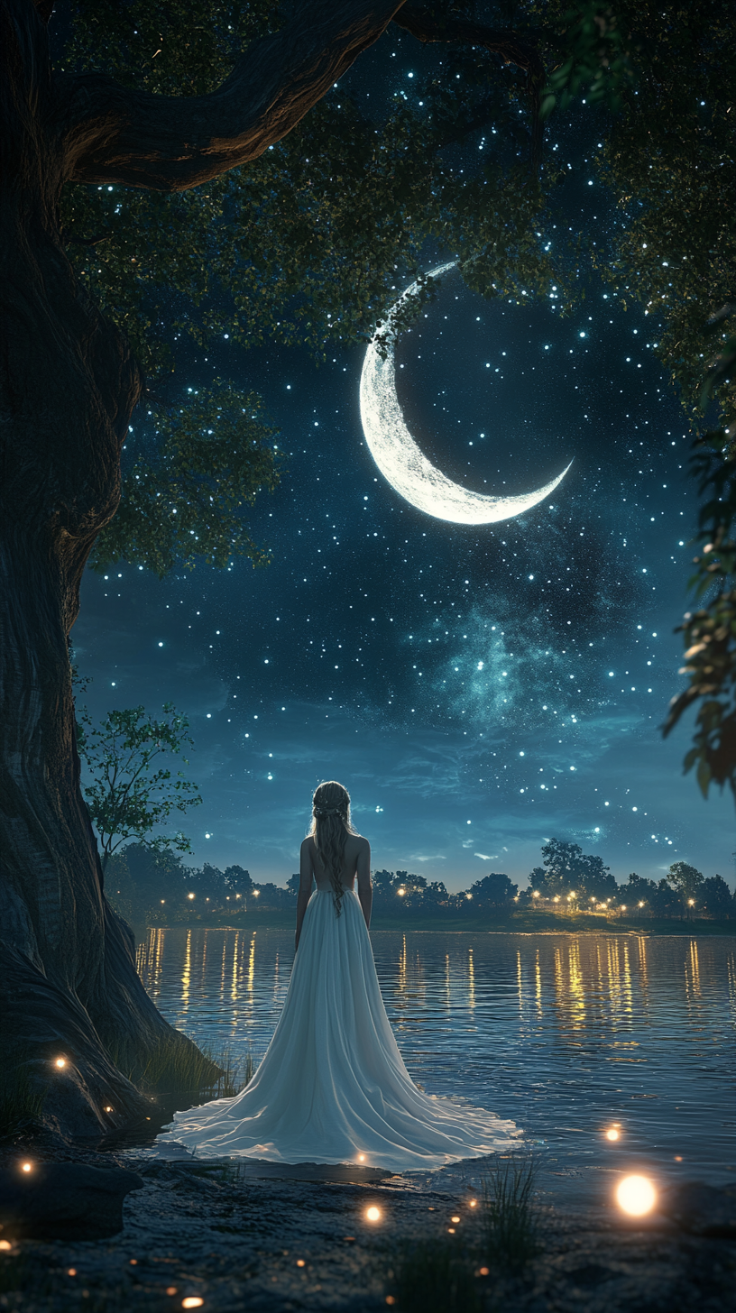 身穿长裙的女子在湖畔赏夜空中的新月美景