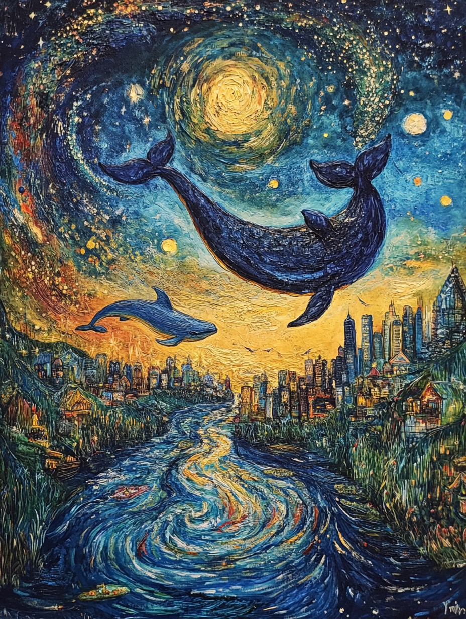 星空下城市中遨游的海洋动物