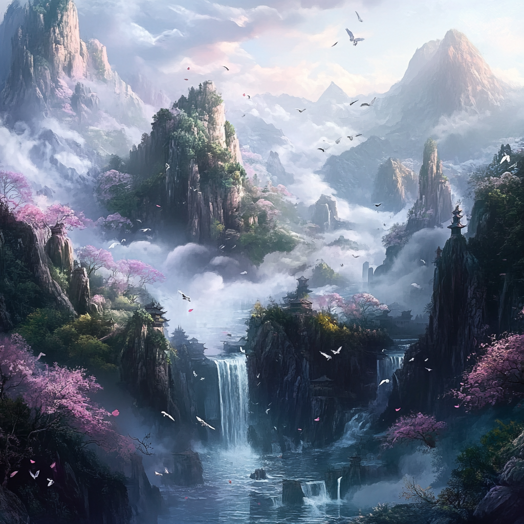 云雾缭绕的山间瀑布美景
