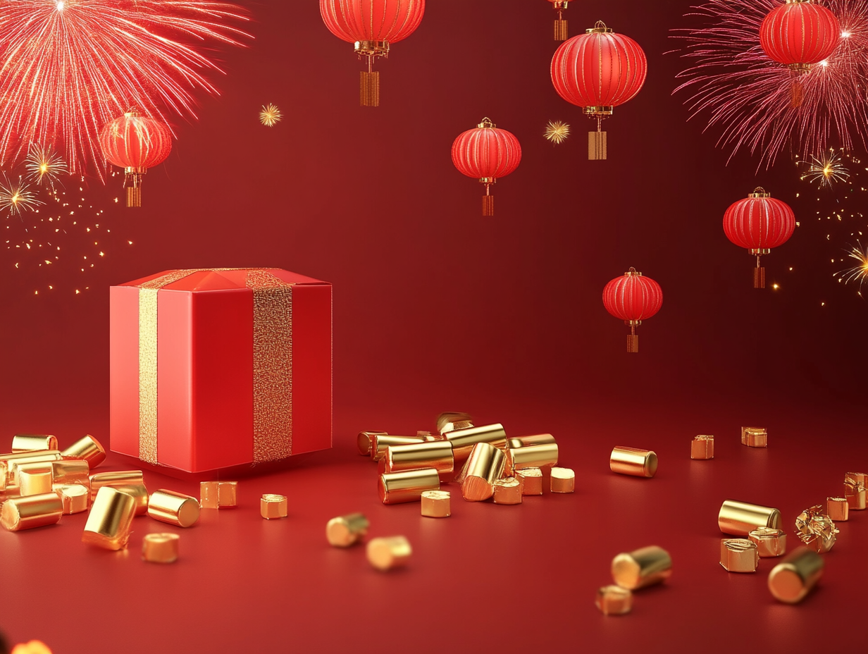 红色喜庆背景下的春节礼品盒设计
