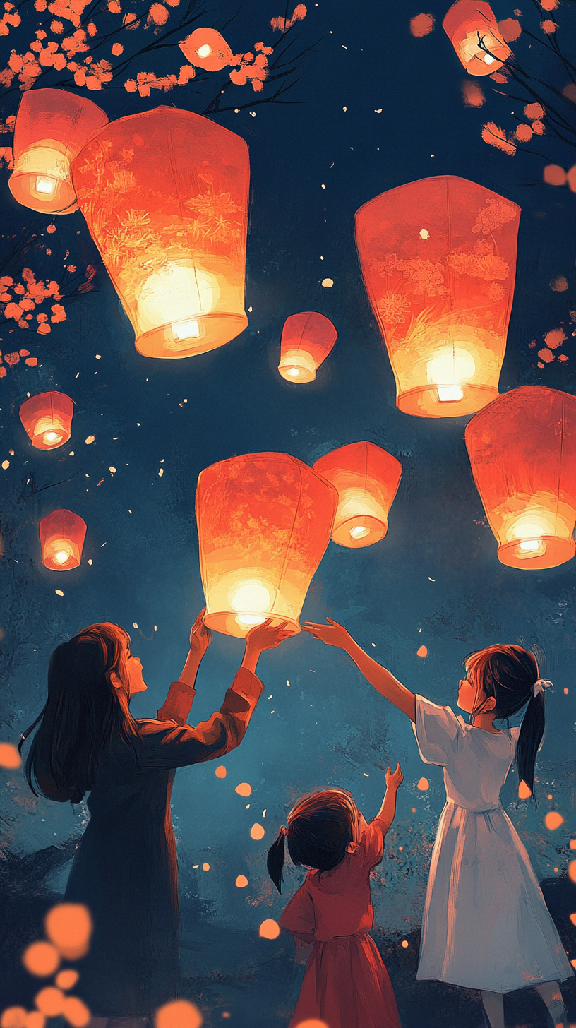 女孩们放飞孔明灯
