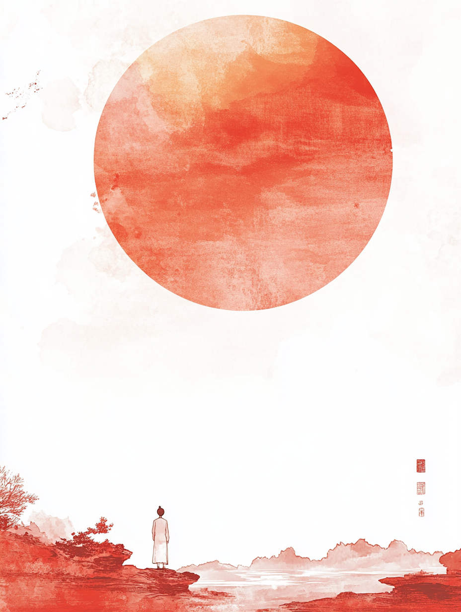 唯美水彩画展现一人独赏红日的意境之美