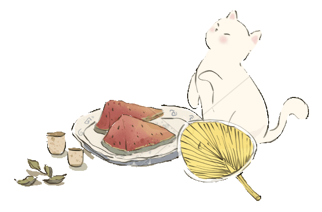 夏季小暑大暑水墨国风西瓜小猫扇扇子