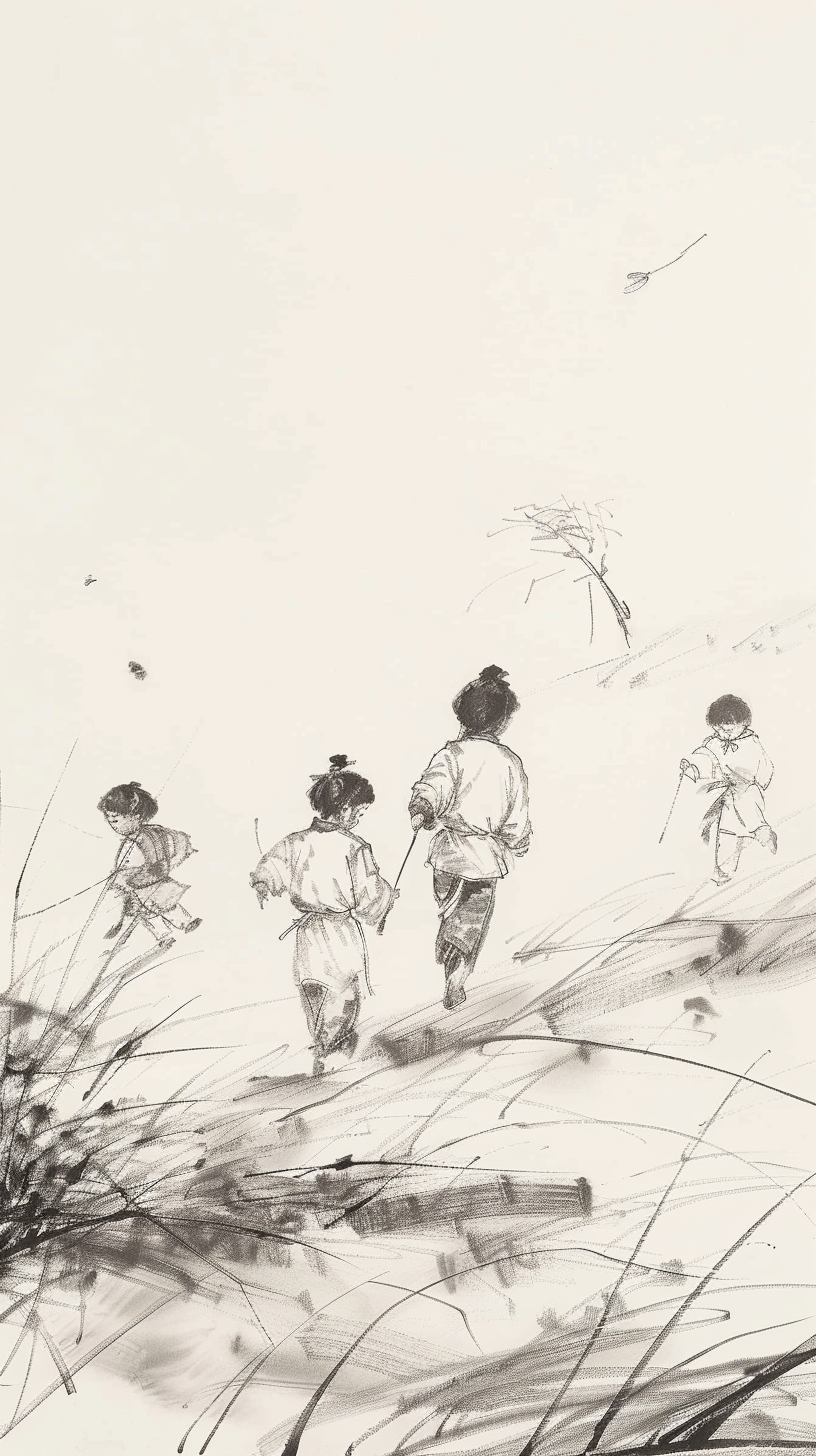 黑白水墨画展现孩童嬉戏场景韵味十足