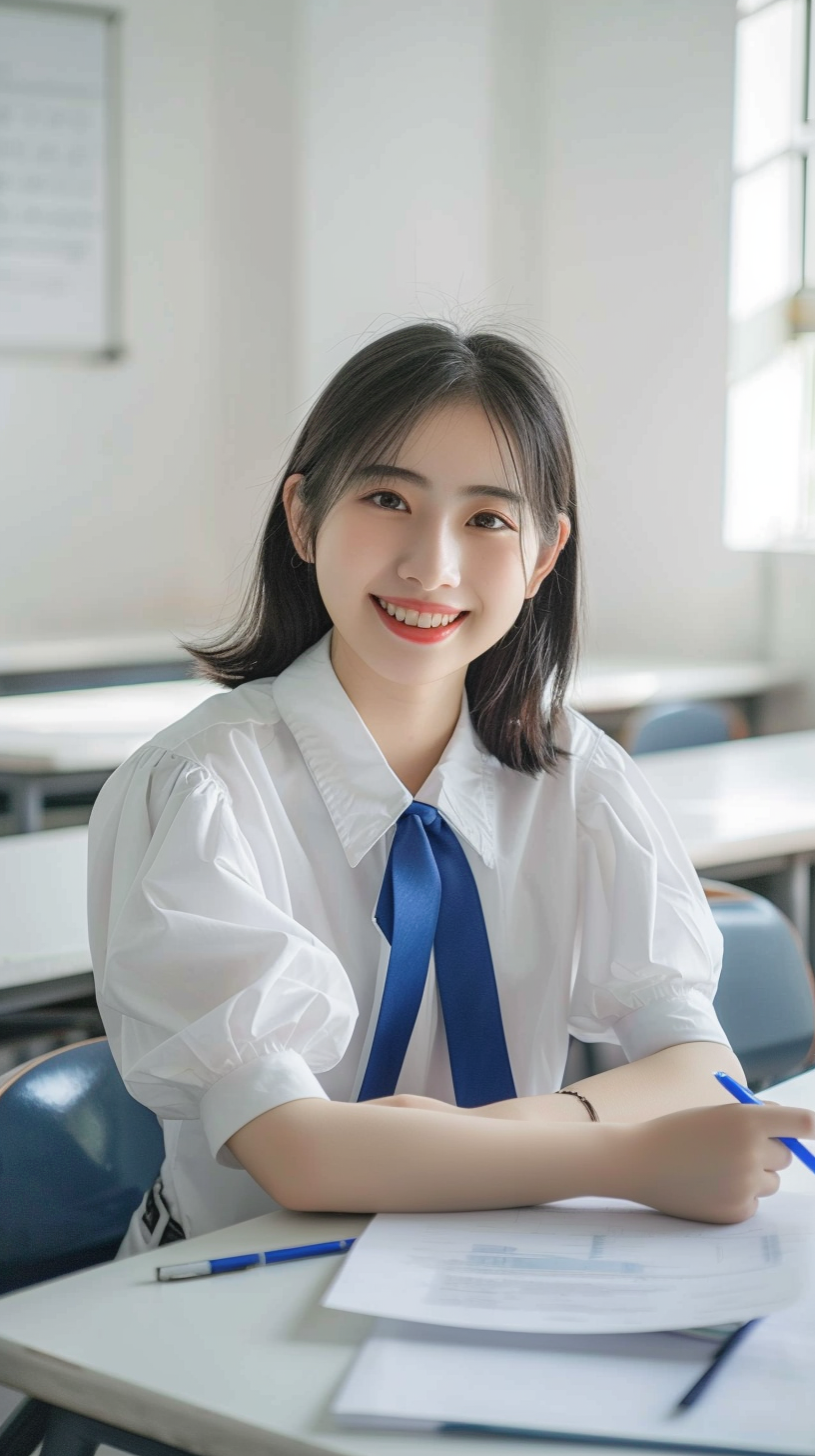 身穿校服的学生在教室认真学习的场景照