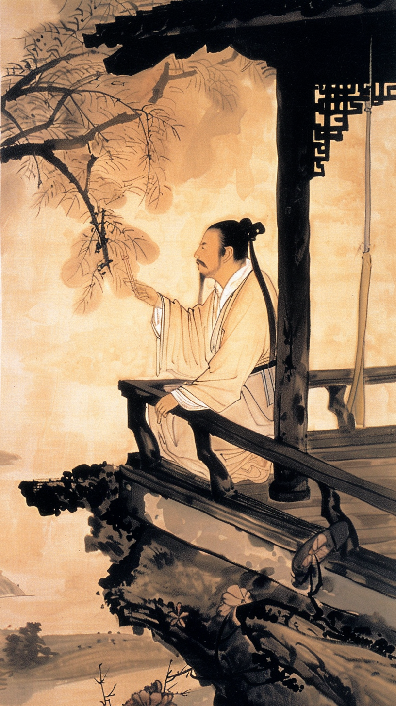 古装人物坐于亭台水墨文艺之美