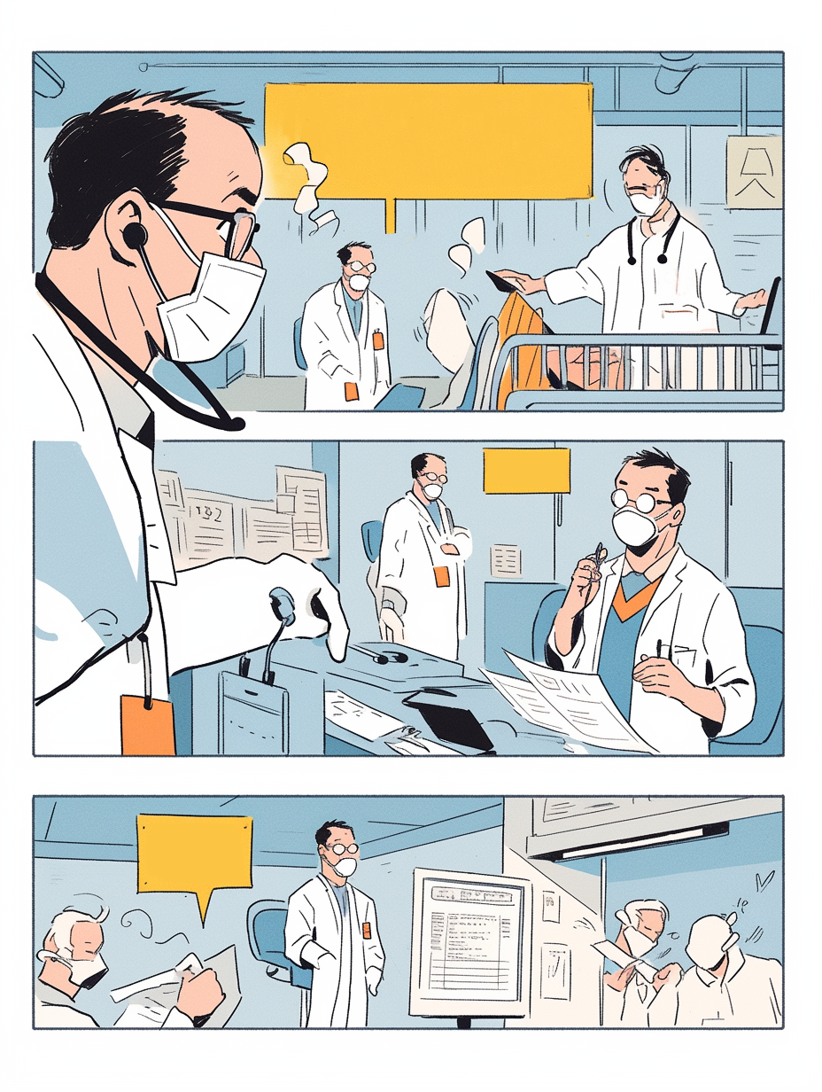 医护人员在医疗场景中忙碌工作的漫画