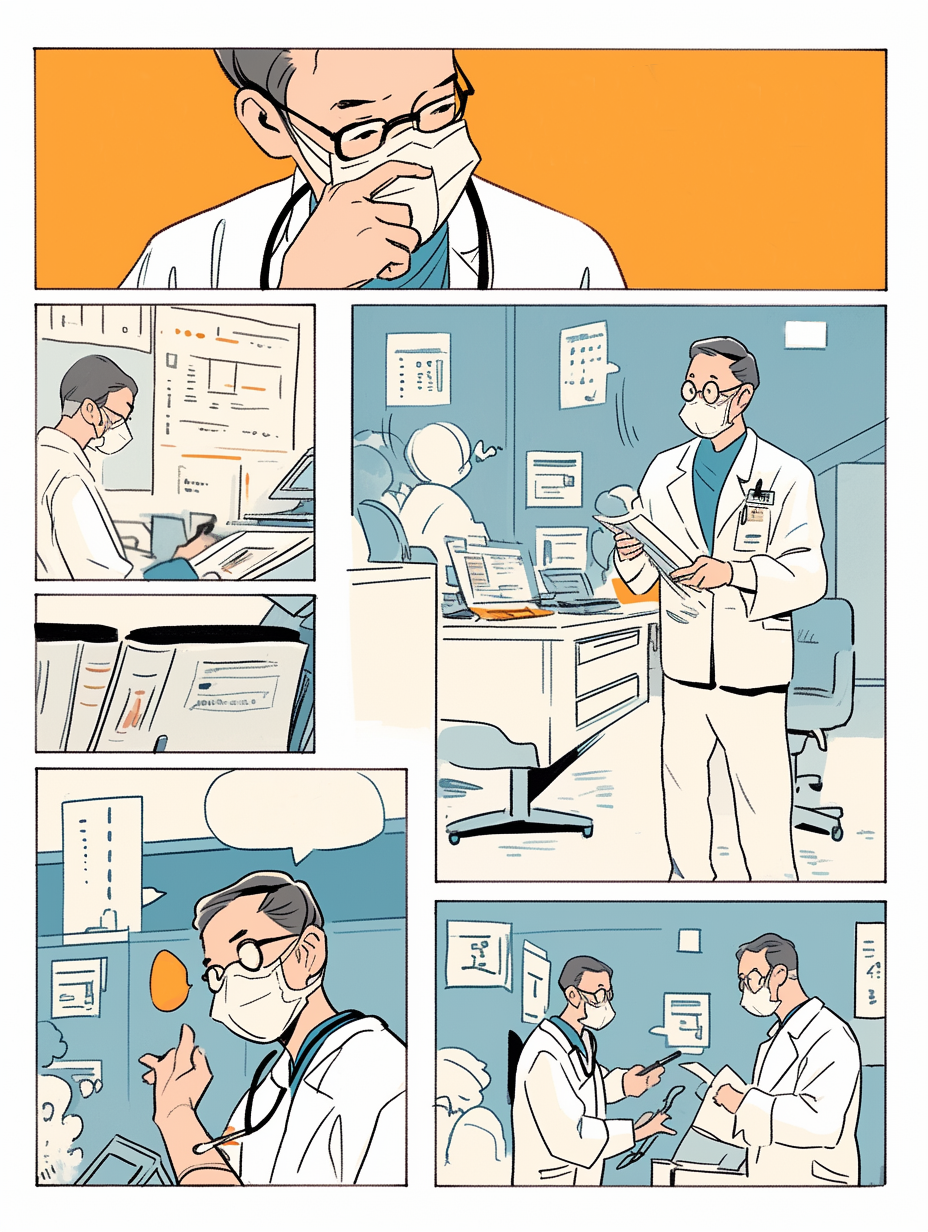 医生在医疗场景中忙碌工作的漫画卡通