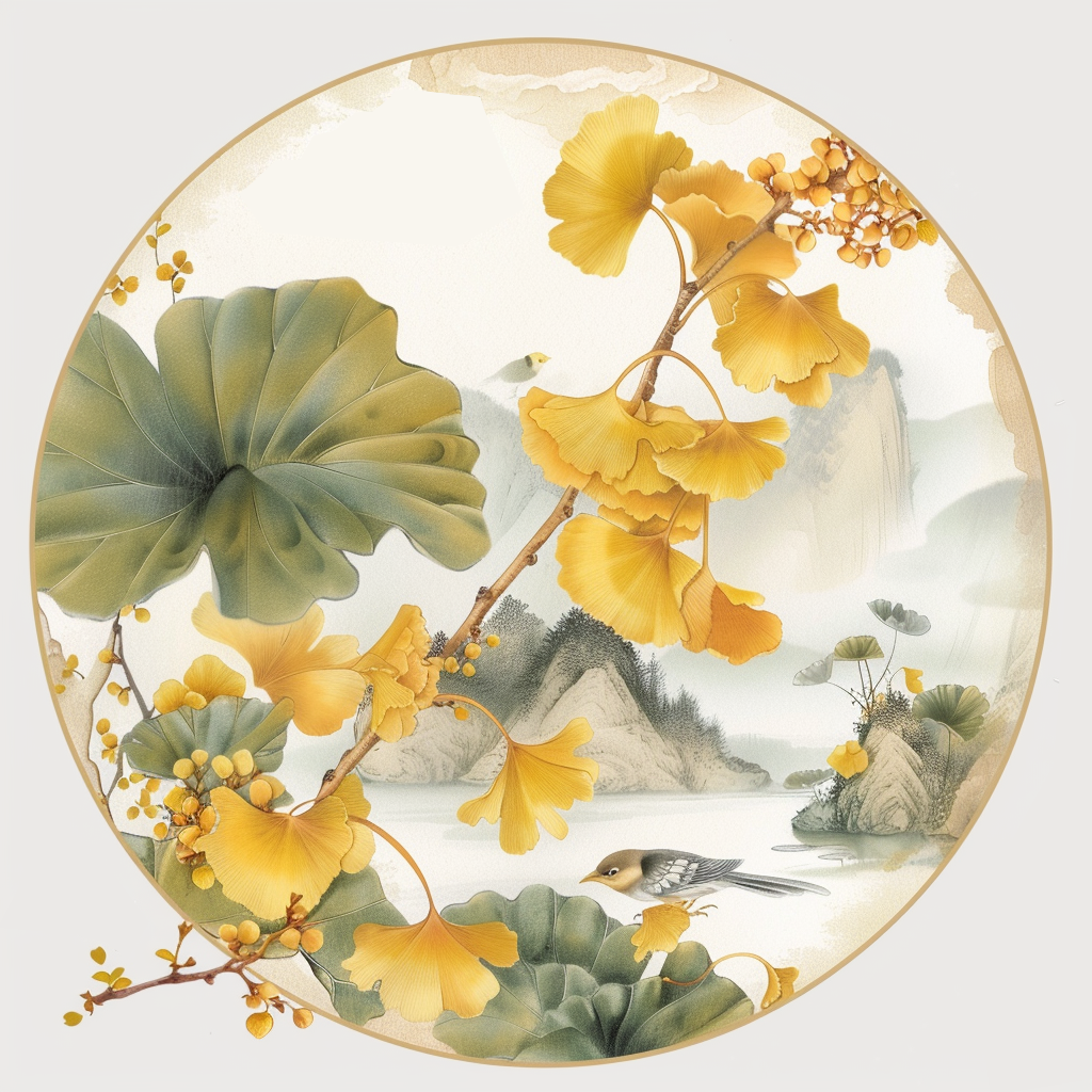 圆形水墨银杏图