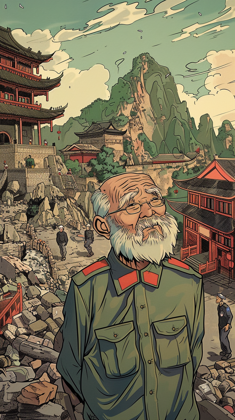 穿军装的老人站在古建筑旁