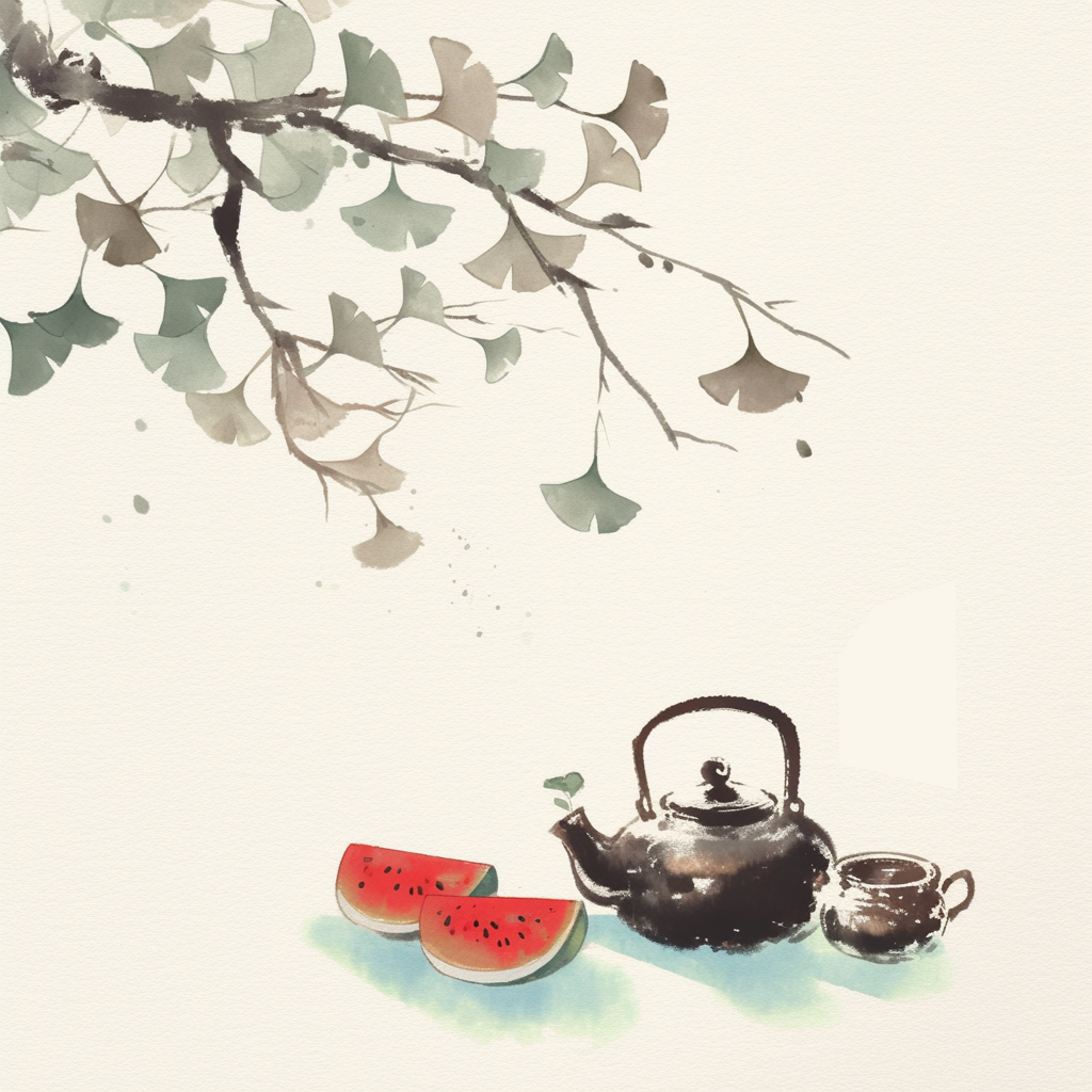 水墨风格茶具西瓜图夏日清凉氛围