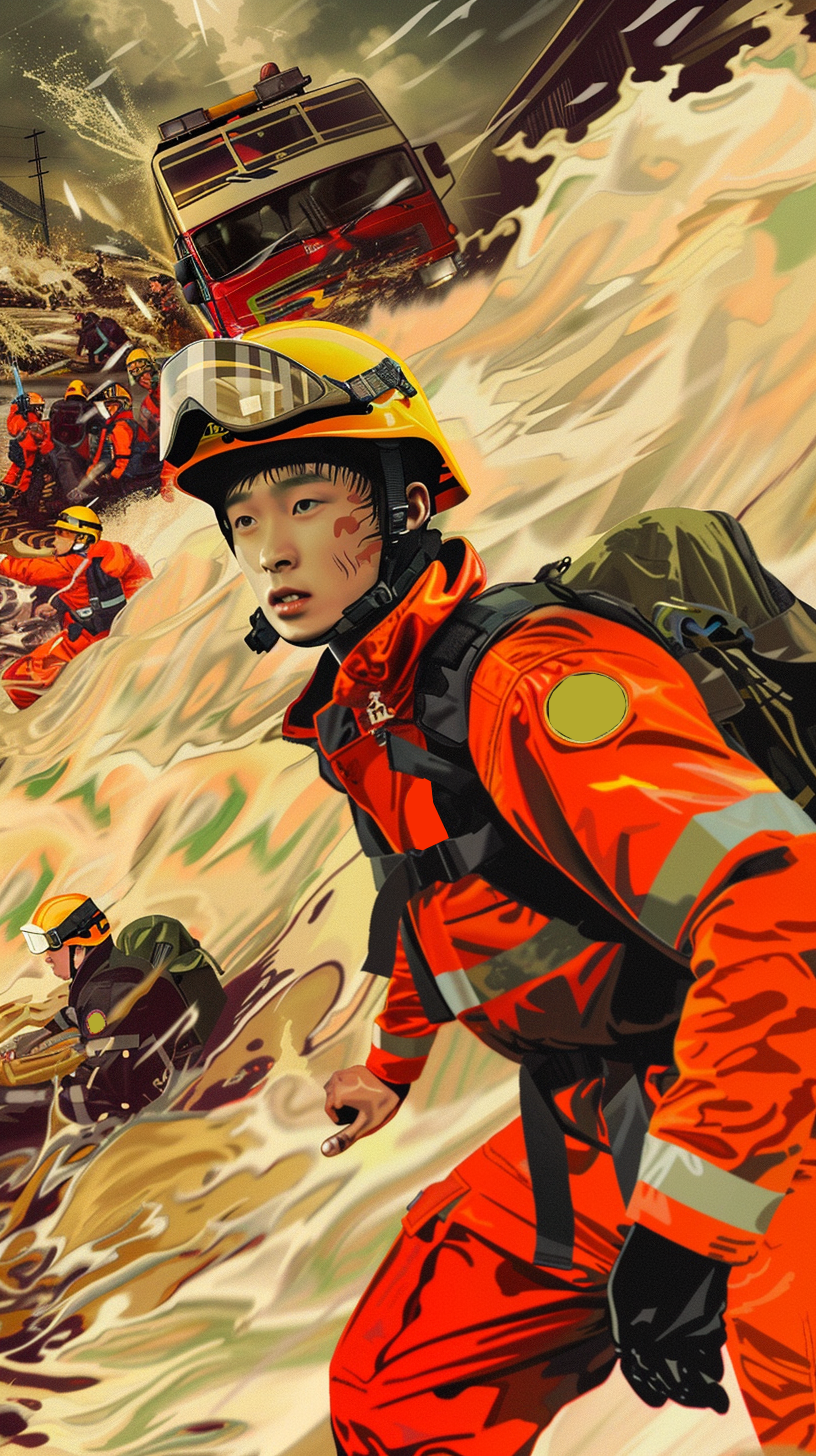 英勇消防员奋战洪灾