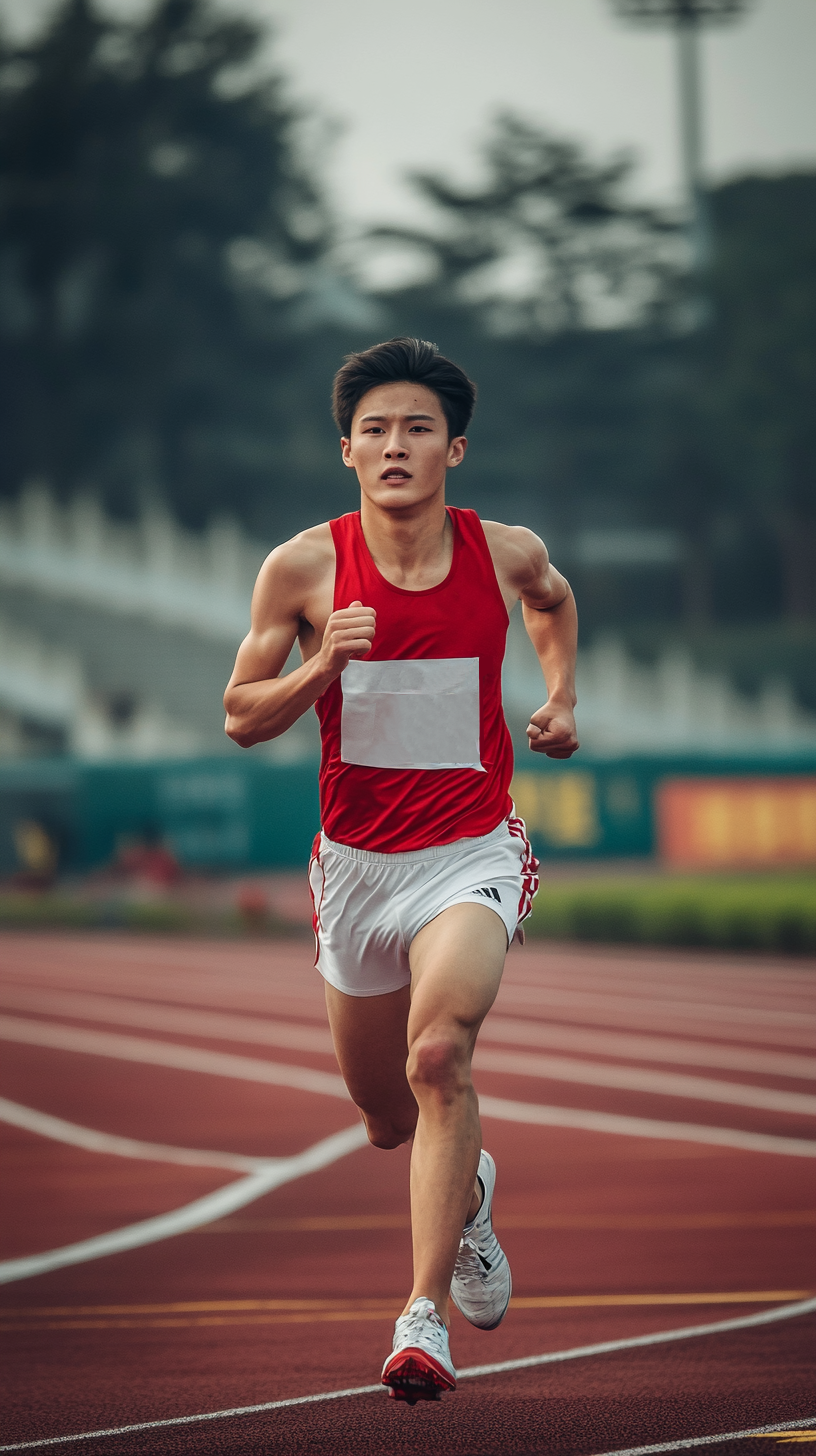 红色运动服的跑步者在跑道上全力冲刺