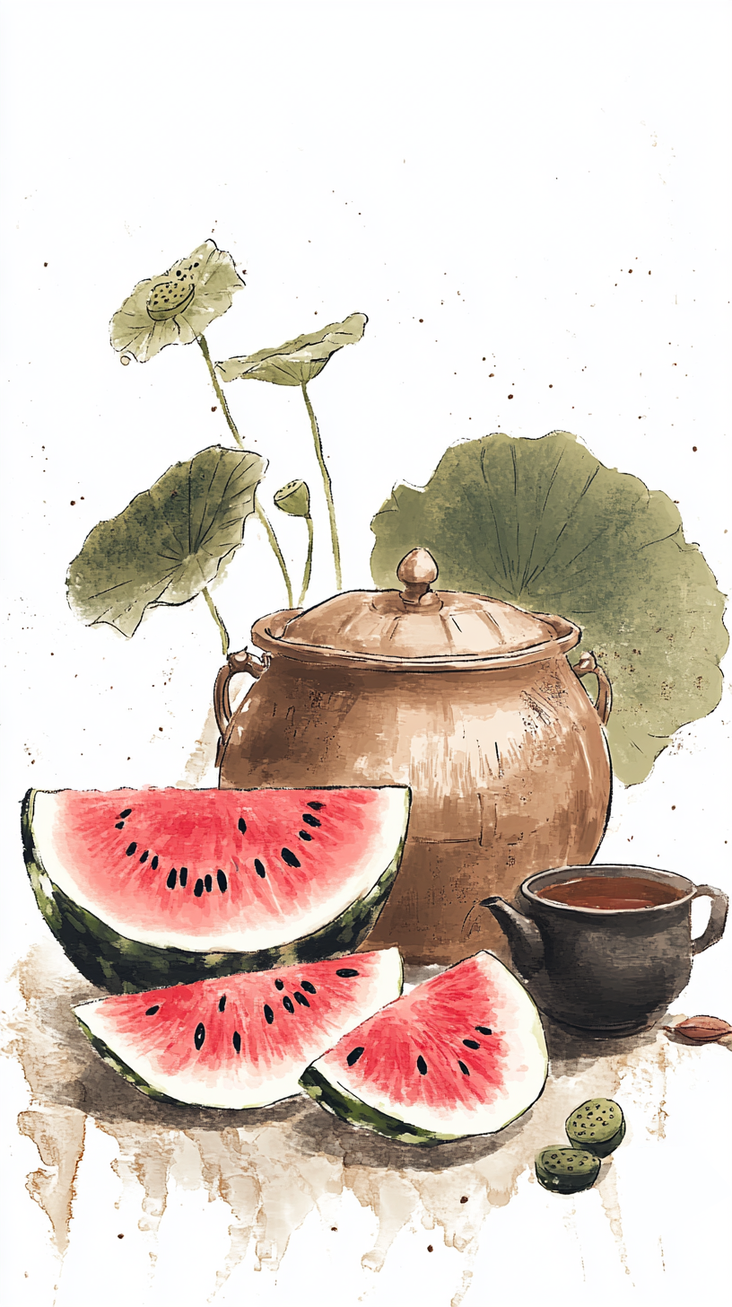 西瓜配茶壶插画