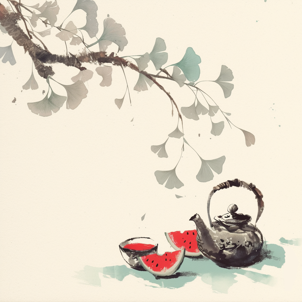 水墨风格茶壶西瓜图