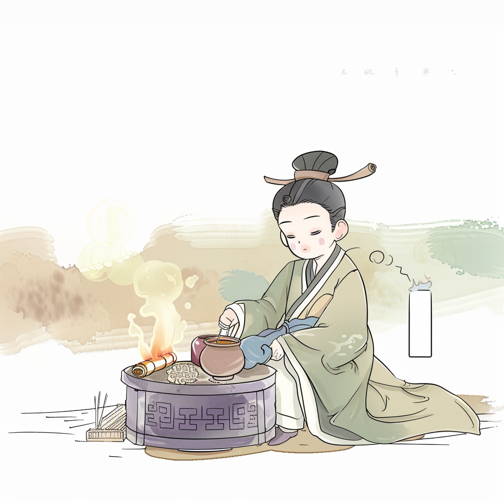古装人物专心熬制中药