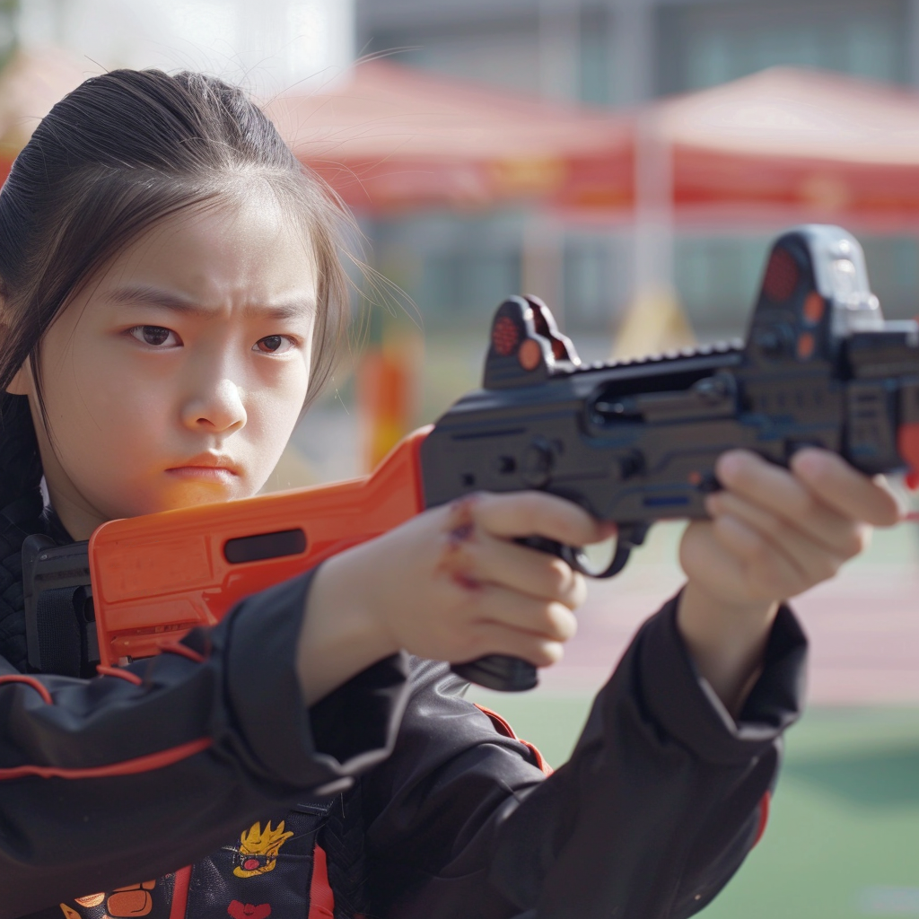 女孩手持玩具枪英姿飒