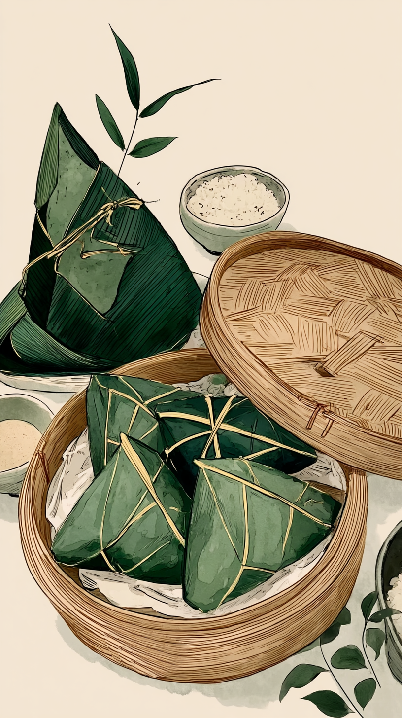 传统竹笼装美味粽子的端午宣传插画