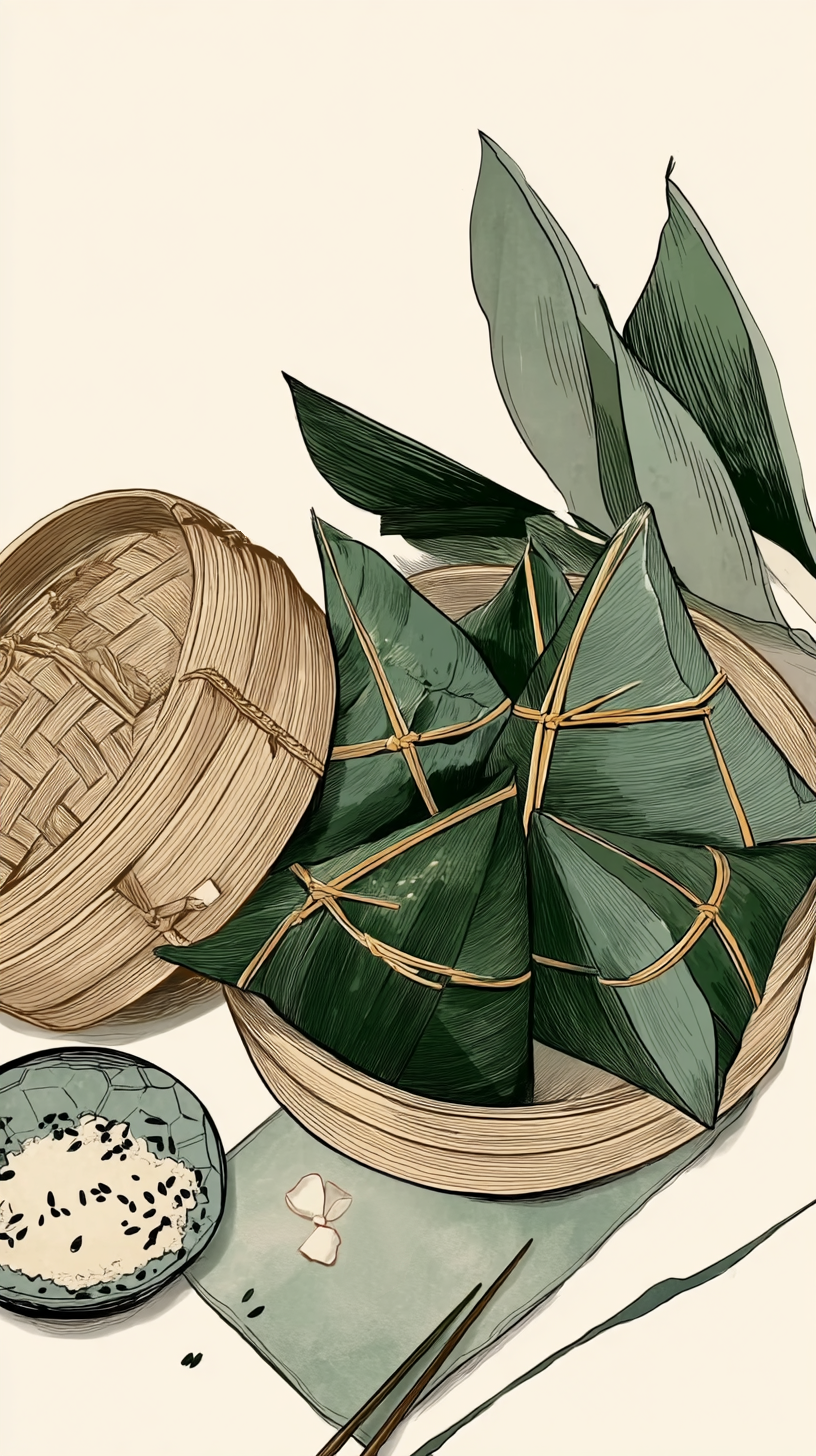 传统竹笼装美味粽子的端午宣传插画
