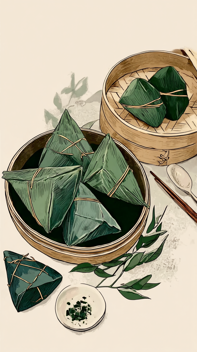 传统竹笼装美味粽子的端午宣传插画