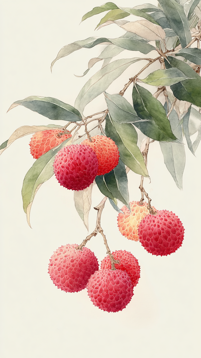 绿色荔枝树枝手绘插画