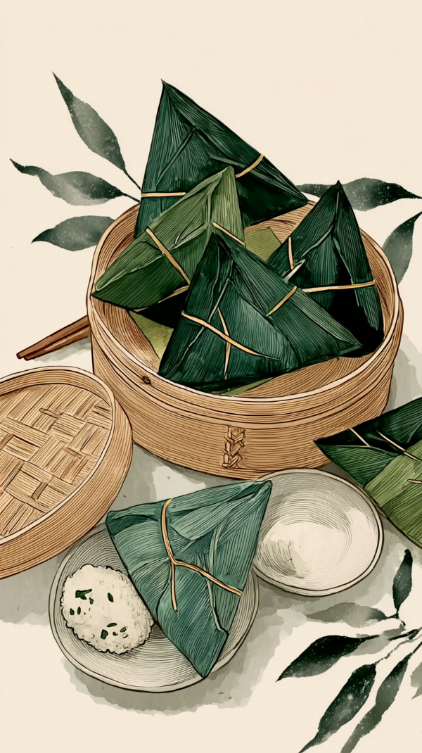 传统竹笼装美味粽子的端午宣传插画