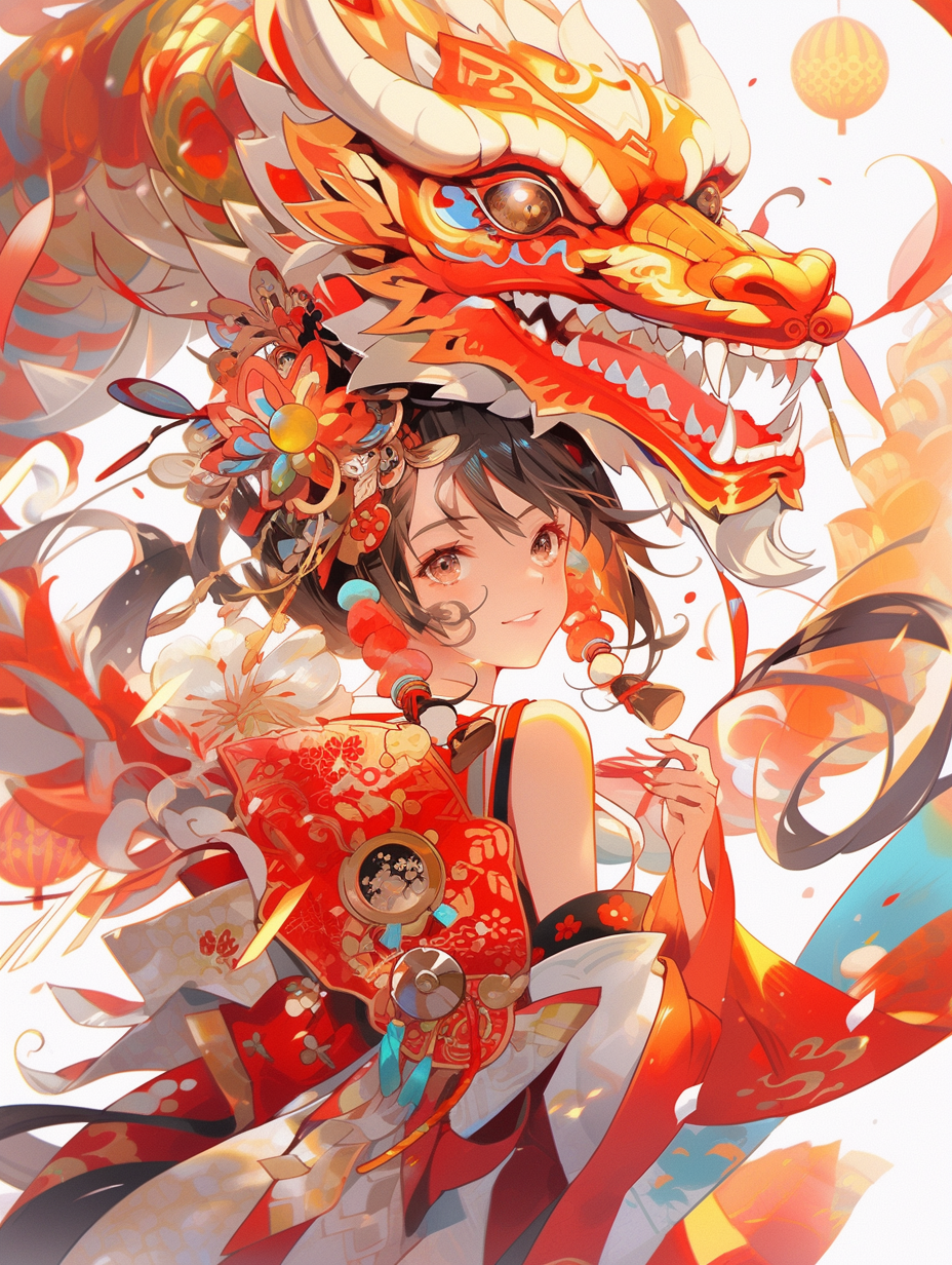 红衣古装女子与龙共舞的喜庆中国风插画