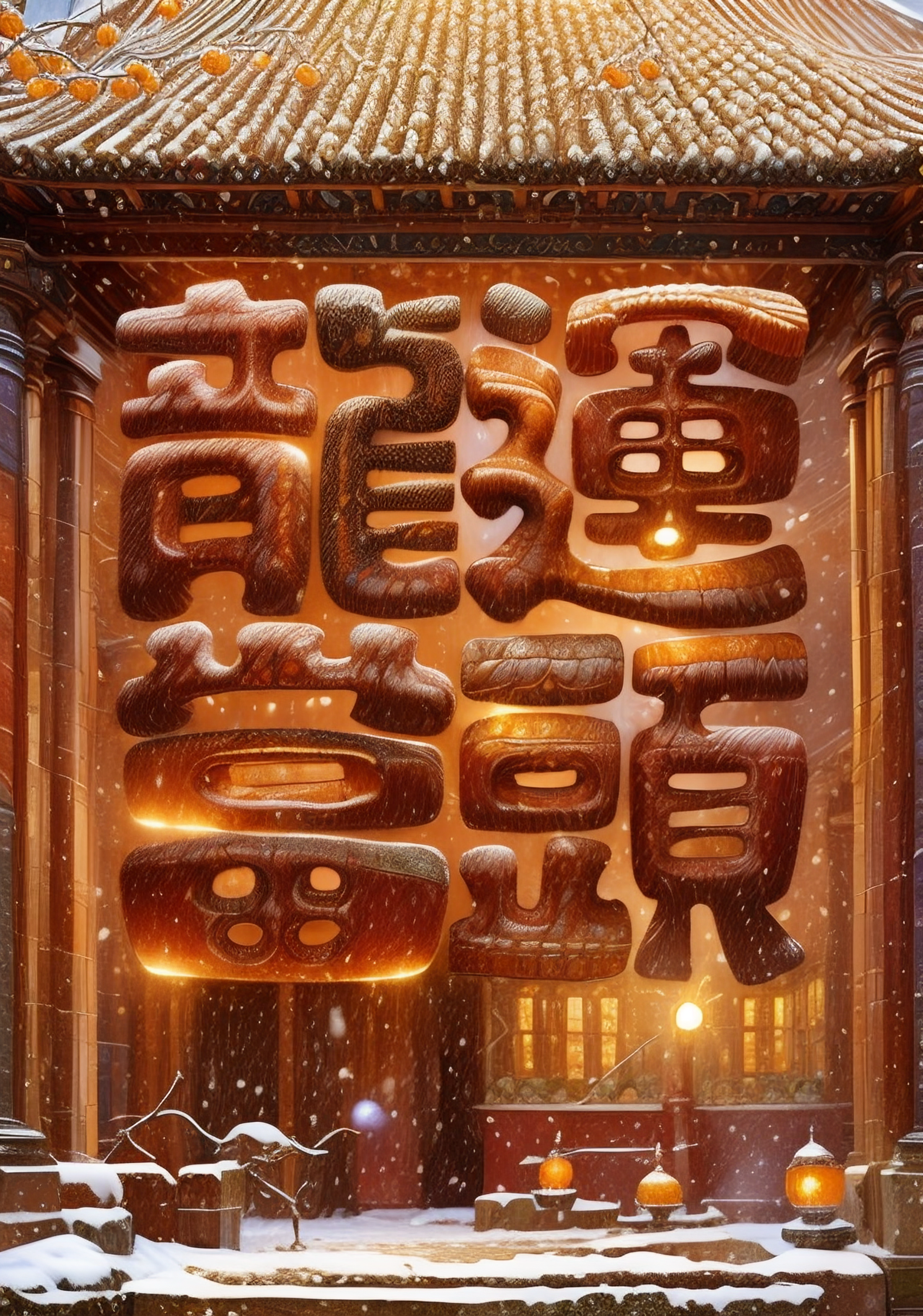 中式古建筑雪景图龙年韵味