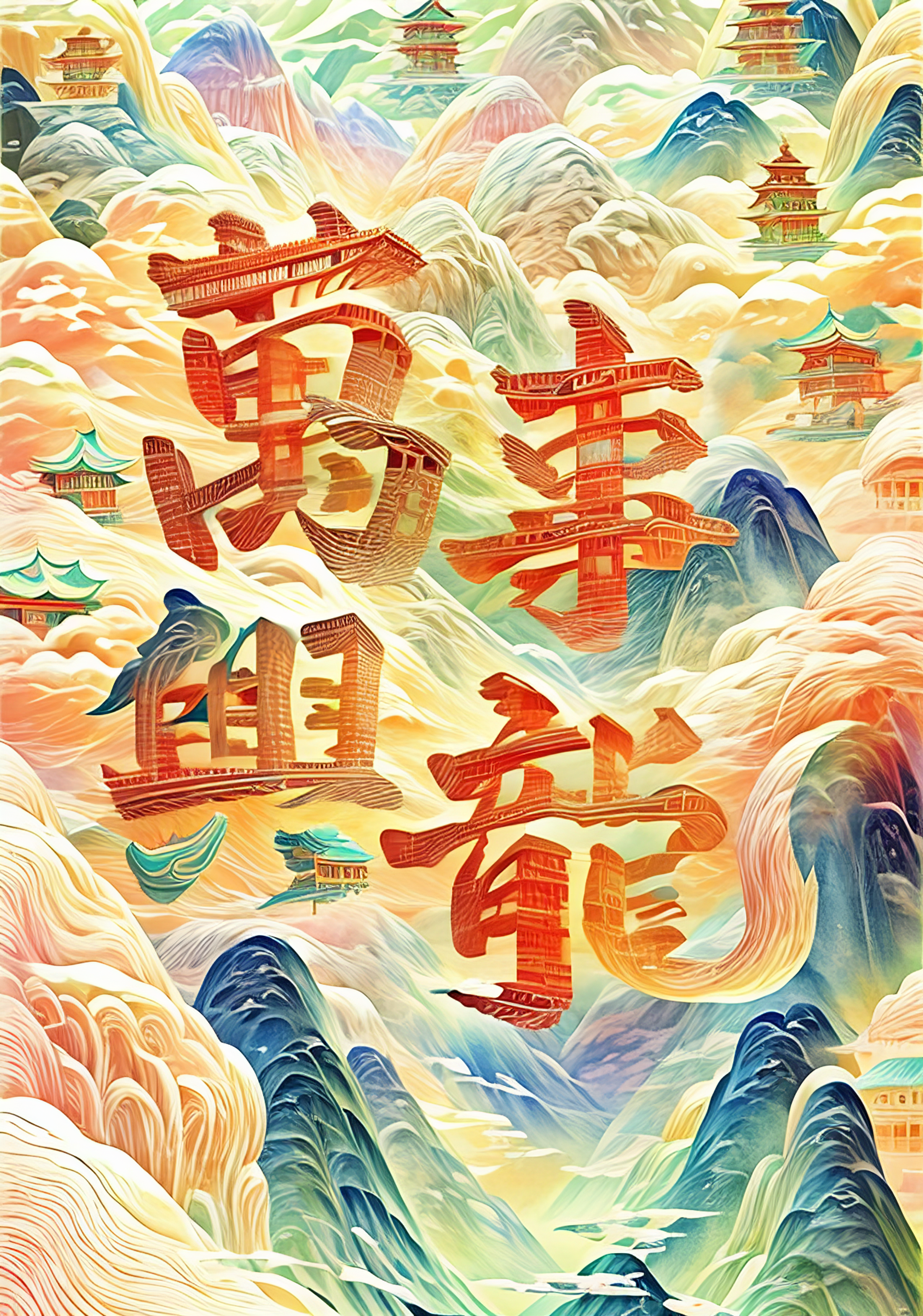 中国风海报展现龙年霸气 山川建筑相辉映