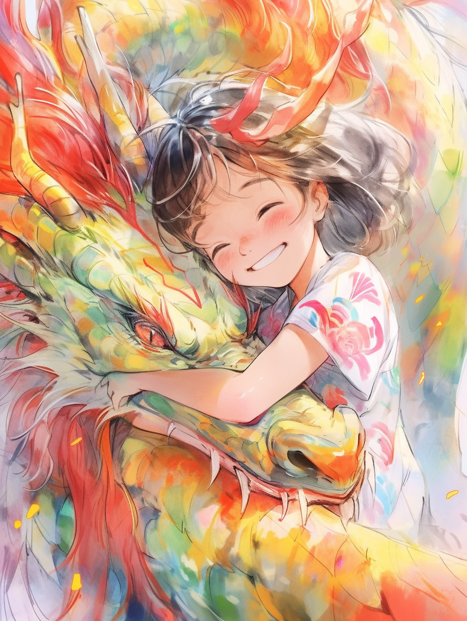 女孩与龙温馨相拥的可爱插画壁纸