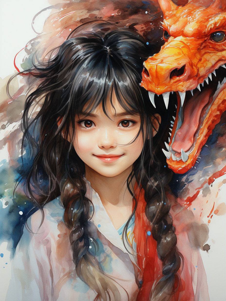 长发女孩与龙的奇幻手绘壁纸