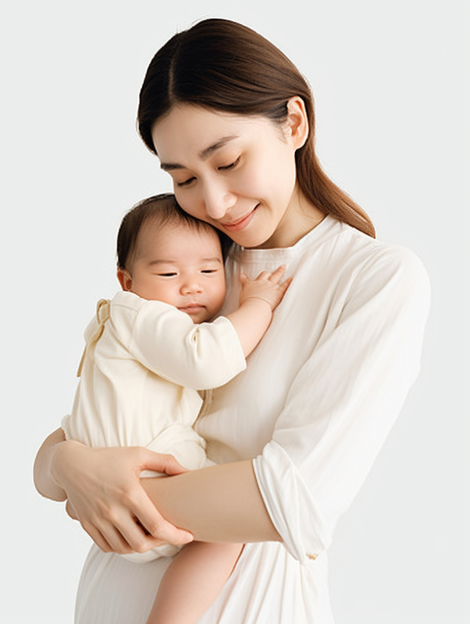 白衣女子温柔怀抱婴儿的温馨母婴宣传照