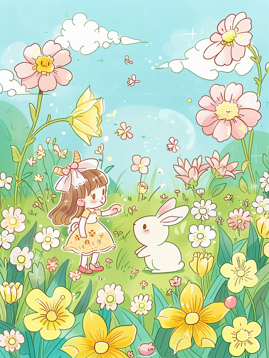 可爱女孩与白兔的春日花丛场景