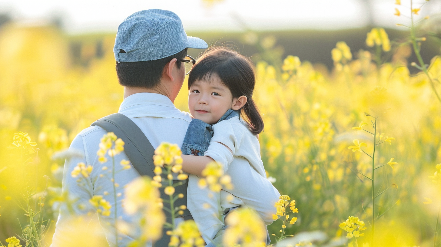 父女漫步油菜花海温馨场景亲子时光