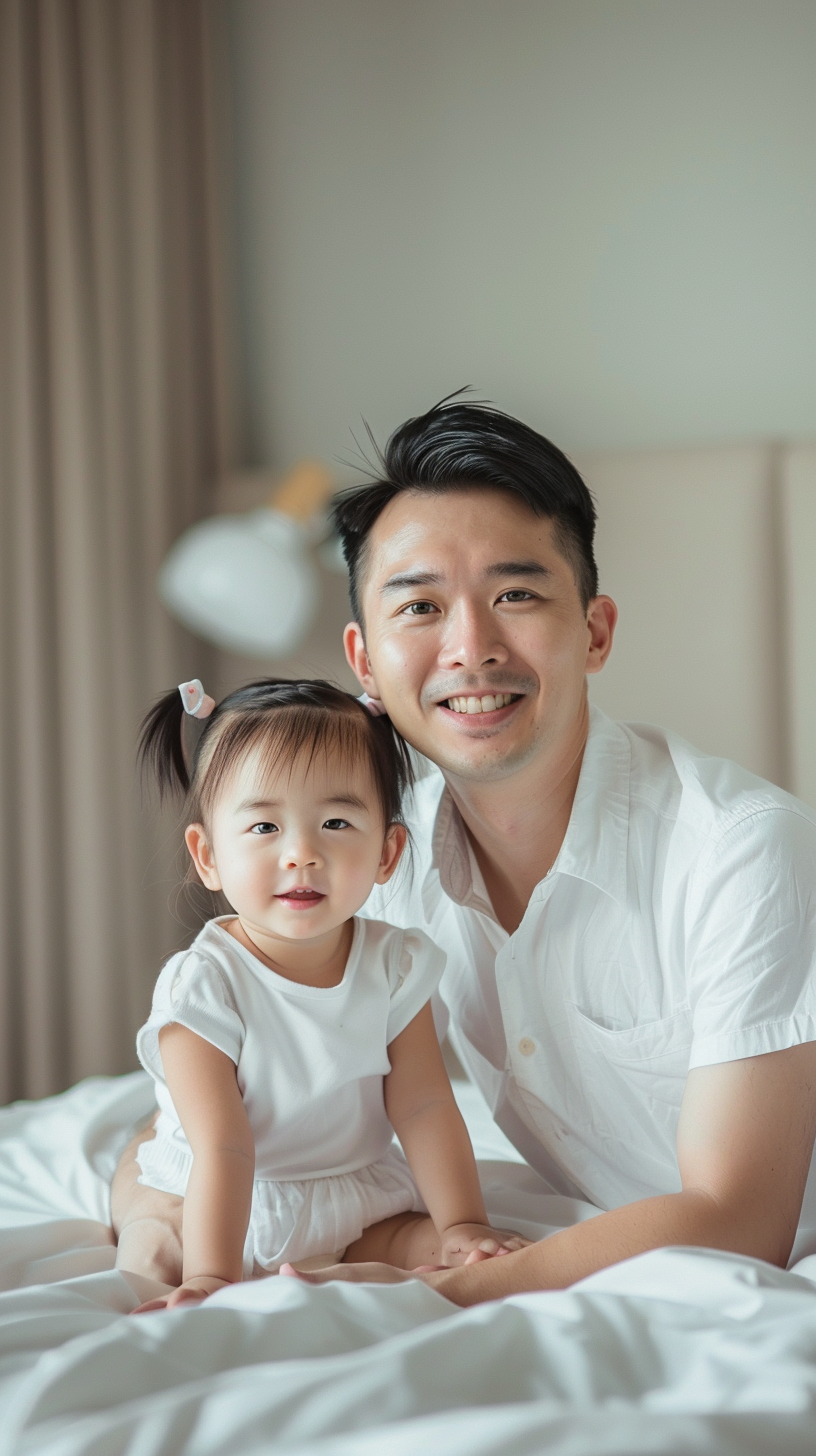 温馨父女床上合影亲子时光温暖亲情