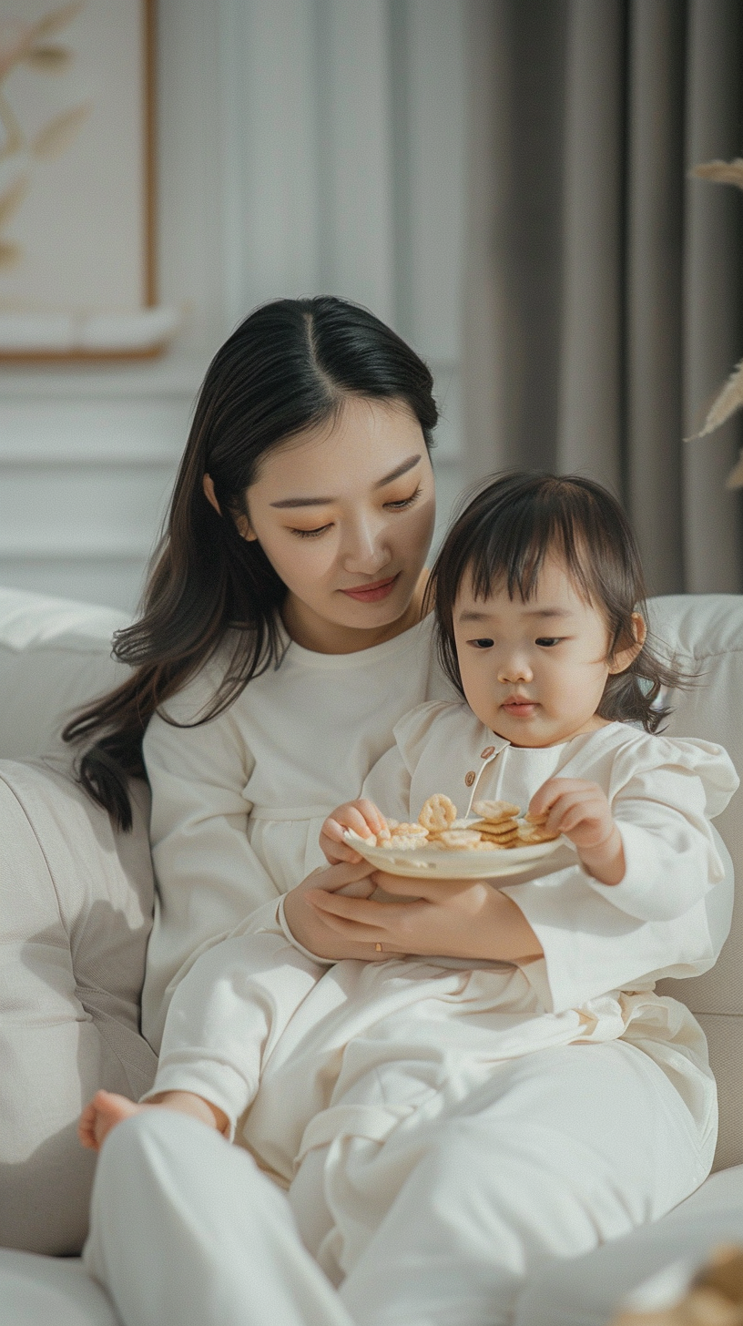 母女温馨互动白色亲子装家庭温暖