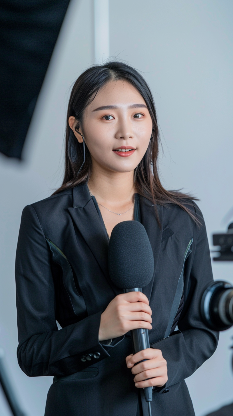 身着黑色西装的女士手持麦克风的形象照