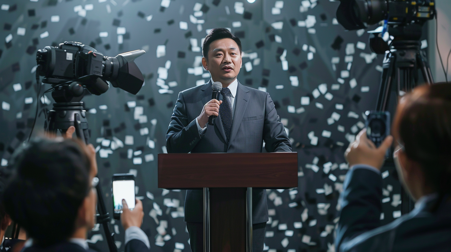 西装商务人士在发布会现场发言