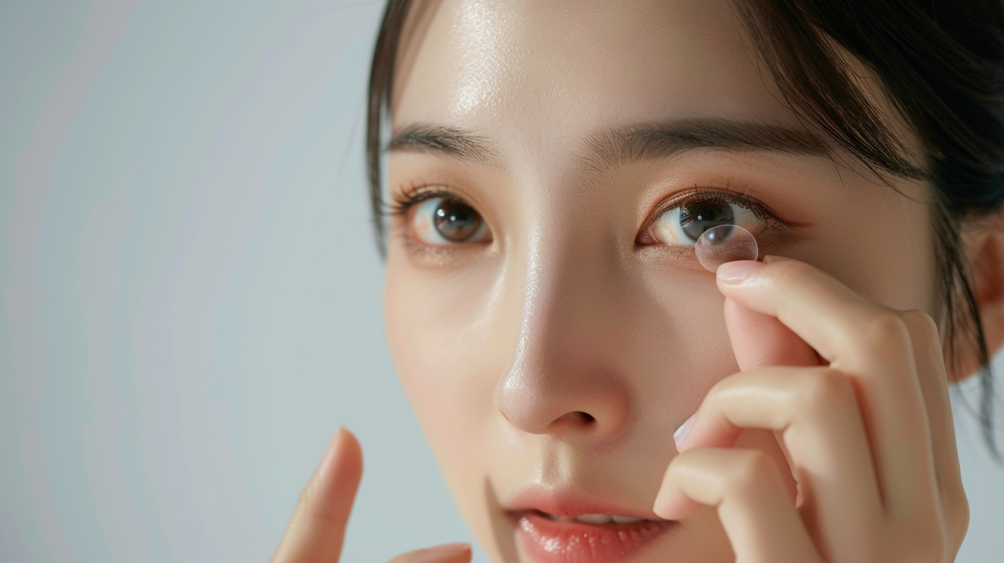 精致女孩佩戴隐形眼镜的时尚美妆