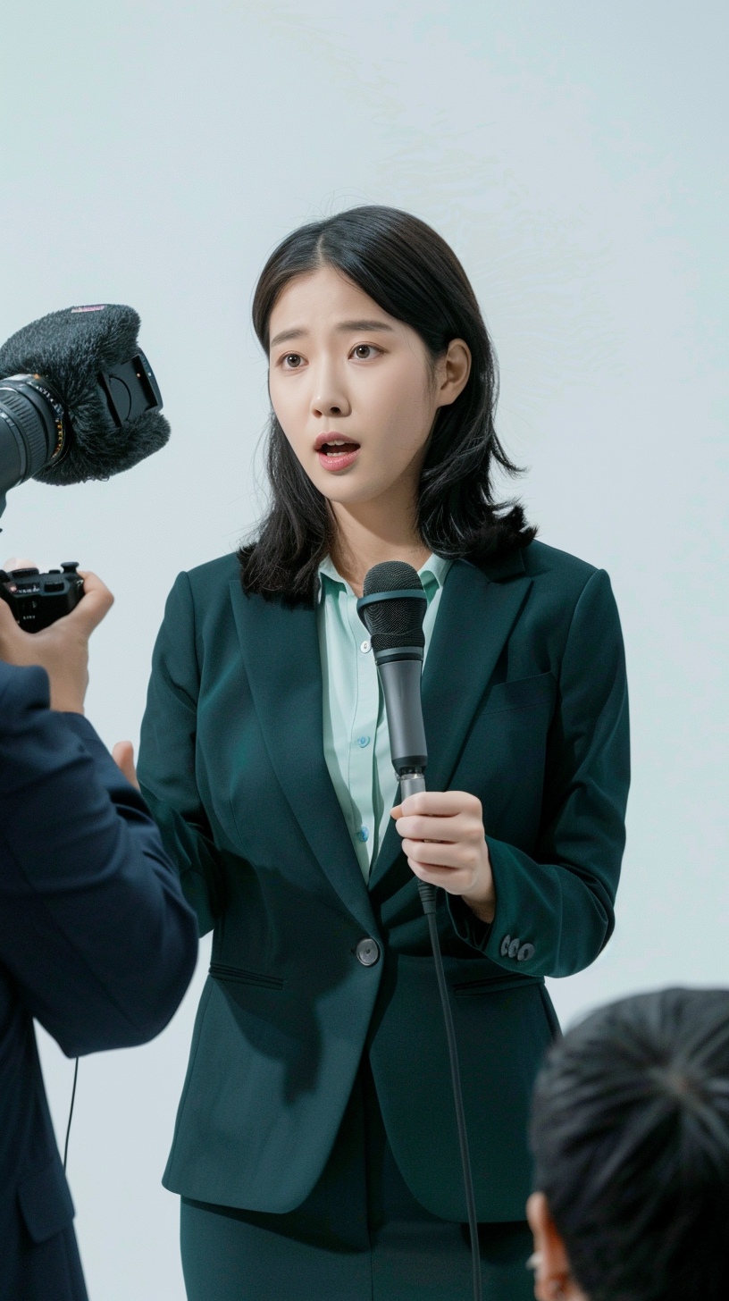 身着深绿西装的女性手持麦克风进行采访