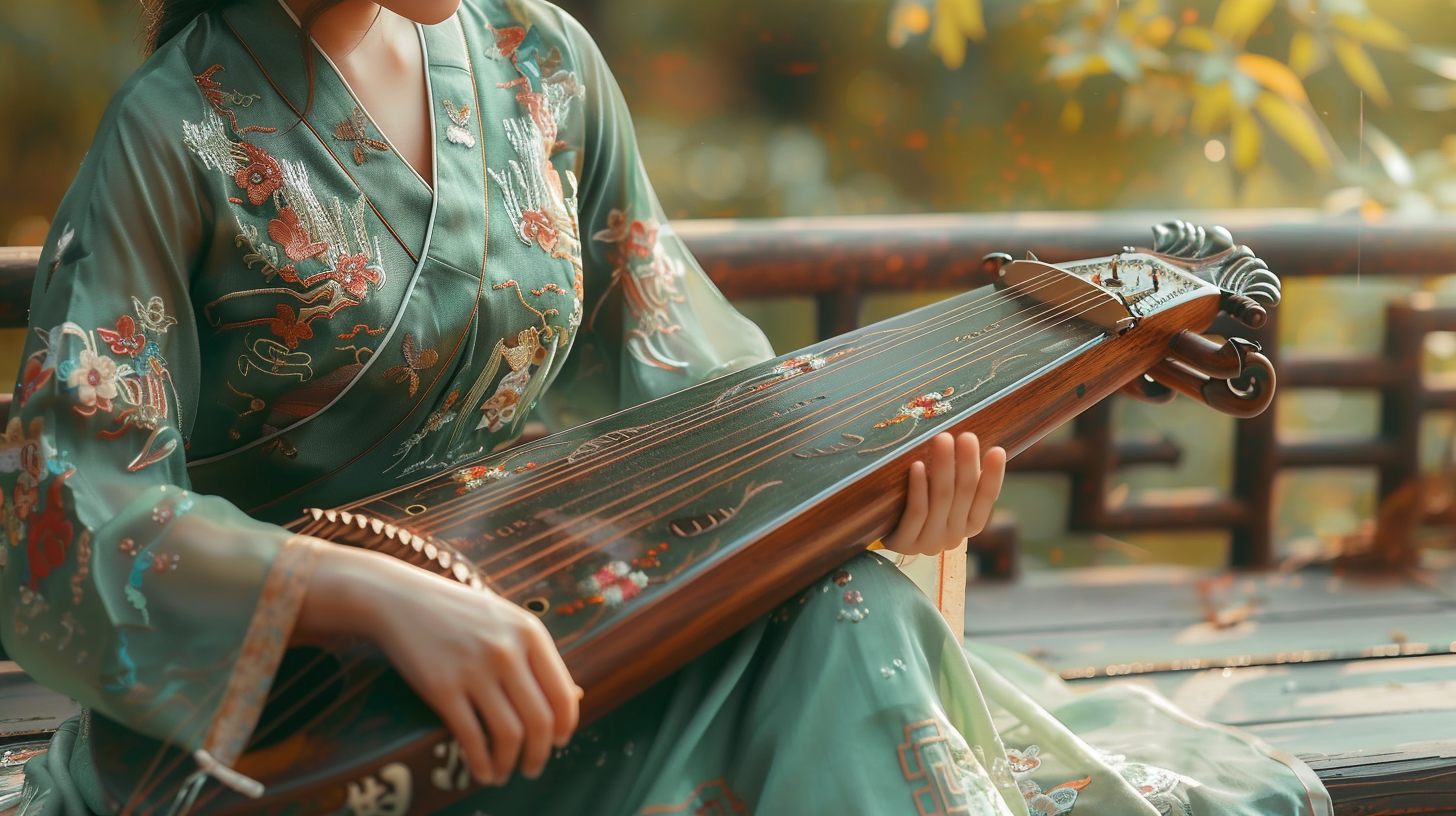 古装女子优雅弹奏古筝古典韵味