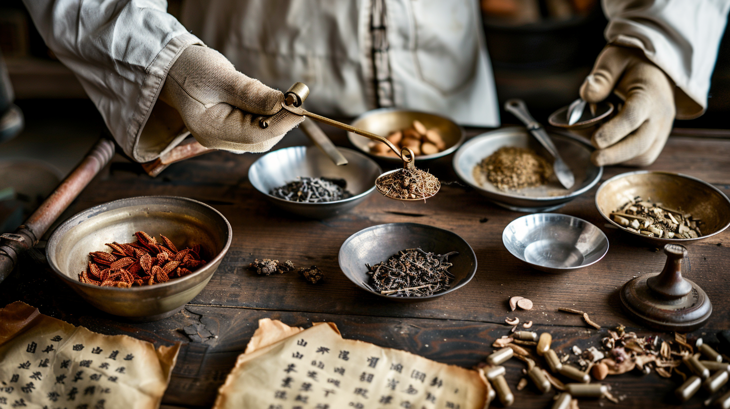传统中药制作场景展示古色古香韵味