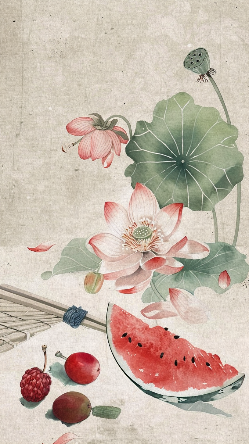 古风手绘荷花西瓜图