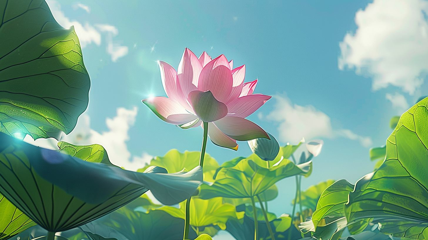 粉色荷花在绿叶中绽放的清新美景