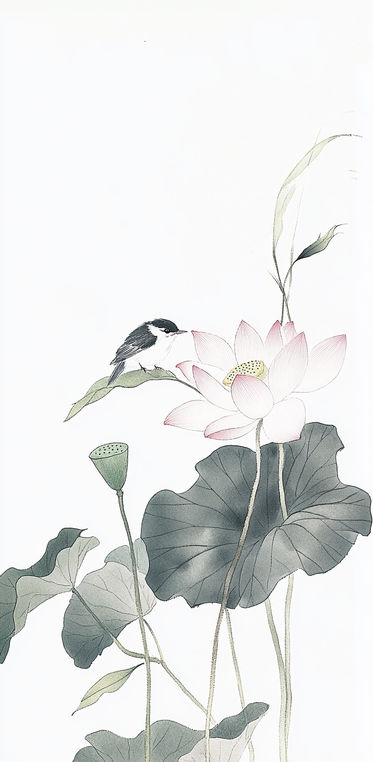 清新荷花图配小鸟打造诗意壁纸