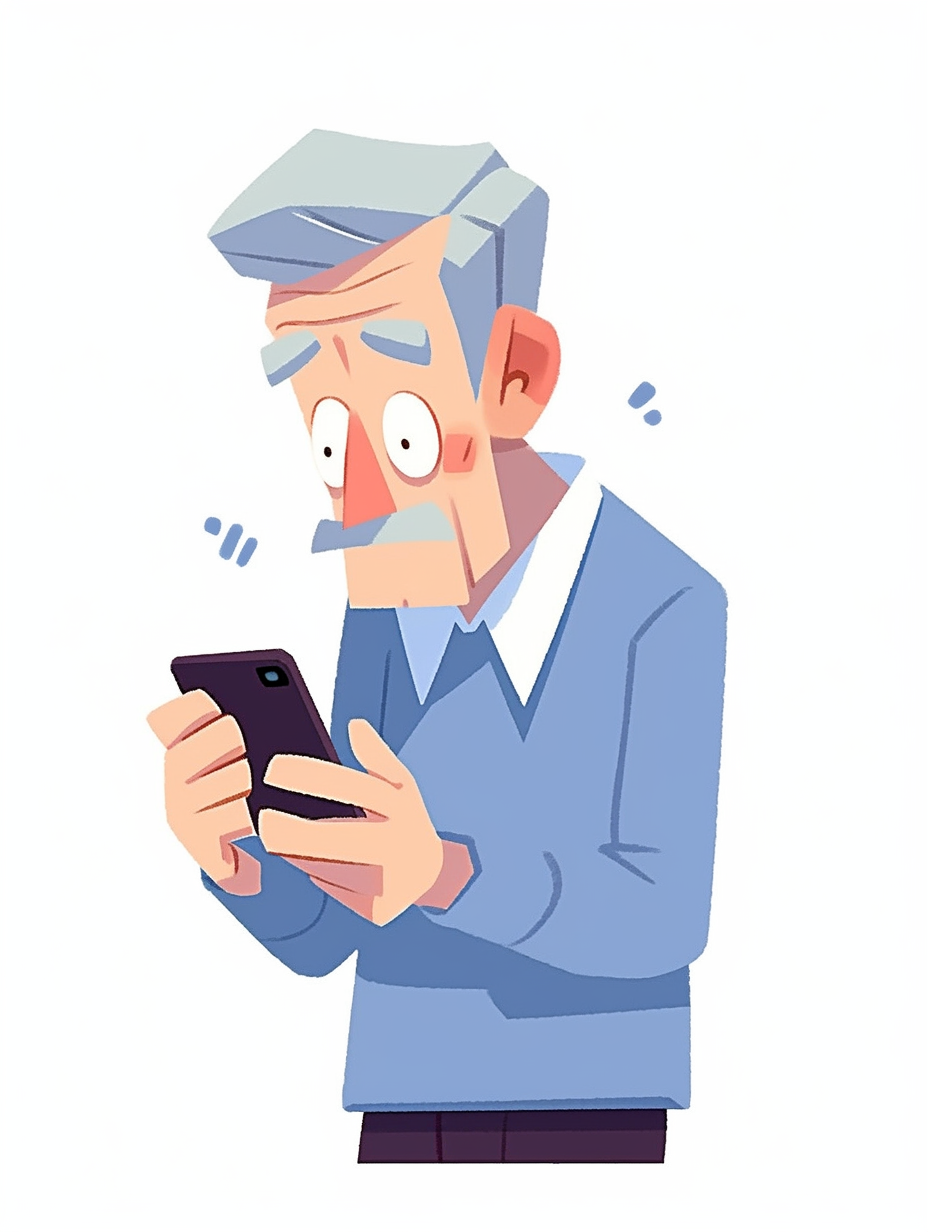 老人专注使用手机的可爱漫画卡通形象图