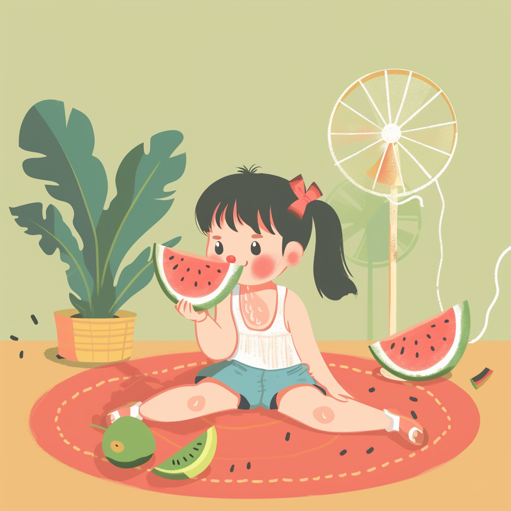 可爱女孩惬意吃西瓜的清新夏日插画